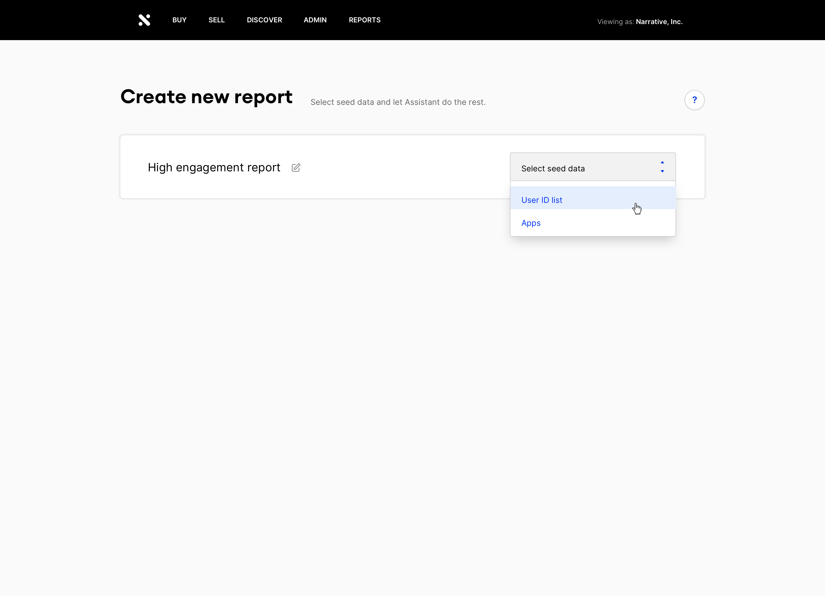 screenshot of Discover Assistant report creation process